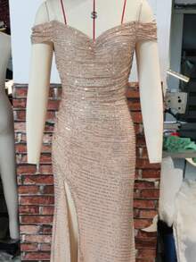 Women Elegant Evening Dress V-Neck Off Shouder Sexy High Wasit Sequin Pleated Party Dresses - 黑色 - 查看 2