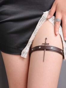 1 chiếc dây nịt kiểu Punk với đinh tán trang trí hình kiếm Gothic, thích hợp cho nhập vai, cosplay hoặc đồ lót gợi cảm, dây giữ vớ cao đến đùi co giãn, thích hợp cho Halloween. - màu đen - Xem 6