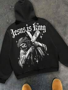 "Jesus Is King" Religious Graphic Hoodie Men's Hoodies, Printed Hoodies, Unisex Hoodies And Casual Hooded Sweatshirts. Featuring A Casual Style Design And Comfortable Fit - Simply Fantastic! Such Lovely Printed Hoodies, Vintage-Style Hoodies (250g Polyester Fiber), Graphic Hoodies, Unisex Y2K-Style Hooded Sweatshirts - 黑色 - 查看 1