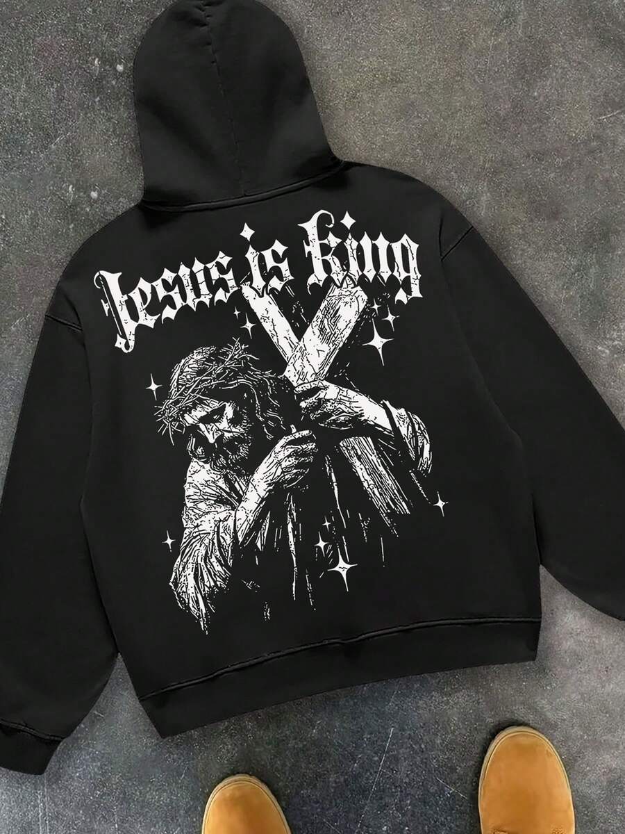 "Jesus Is King" Religious Graphic Hoodie Men's Hoodies, Printed Hoodies, Unisex Hoodies And Casual Hooded Sweatshirts. Featuring A Casual Style Design And Comfortable Fit - Simply Fantastic! Such Lovely Printed Hoodies, Vintage-Style Hoodies (250g Polyester Fiber), Graphic Hoodies, Unisex Y2K-Style Hooded Sweatshirts - 黑色 - 查看 1