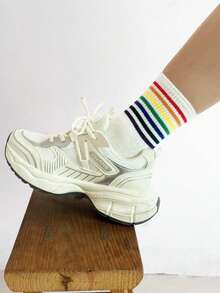 3 pares de calcetines a rayas de colores del arcoíris, calcetines transpirables de media pantorrilla, estilo callejero, adecuados para primavera, otoño e invierno