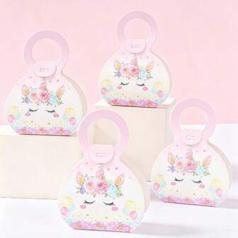 12 Stücke rosa Einhorn-Stil Handbox, Geschenkverpackungsbox, Einhorn-Themen Geburtstags-Party Dekoration Zubehör, Familien-Feiertags-Party Süßigkeiten Keksdosen