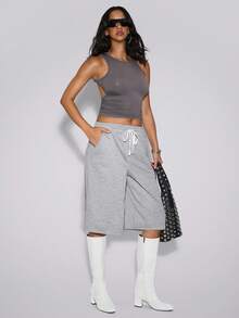 TypaGal Bermuda feminina casual cinza de malha com pernas largas e bolsos, outono inverno, casual, esportiva, chique, moderna, básica para sair - Cinza - Ver 3