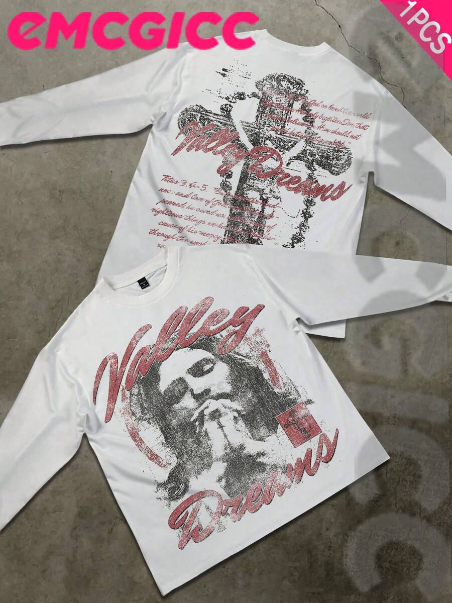 EMCGICC Manfinity Y2k Long Sleeve Shirts ,Graphic T Shirt Cotton 250g,Fashionable Hip-Hop For Men - Long Sleeve T-Shirts, Funny Vintage Shirts,Regular Fit, Street Style, Digital Print, Ideal Gift - 白色 - 查看 1