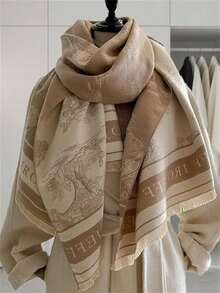 Reversible Khaki Tree Pattern Scarf For Women, Warm & Versatile Shawl/Wrap, Suitable For Winter, Korean Style, Thick & Long For Dress - Khaki - View 1