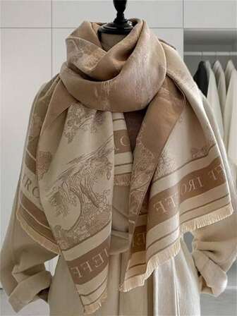 Reversible Khaki Tree Pattern Scarf For Women, Warm & Versatile Shawl/Wrap, Suitable For Winter, Korean Style, Thick & Long For Dress