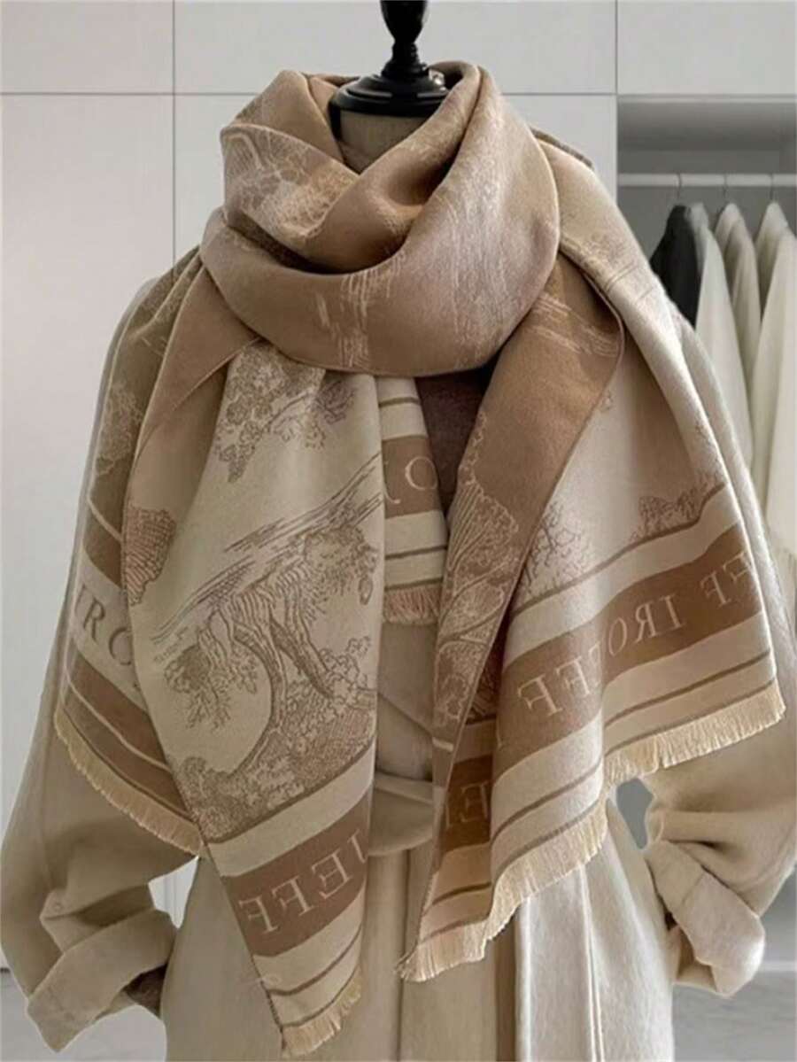 Reversible Khaki Tree Pattern Scarf For Women, Warm & Versatile Shawl/Wrap, Suitable For Winter, Korean Style, Thick & Long For Dress - Khaki - View 1