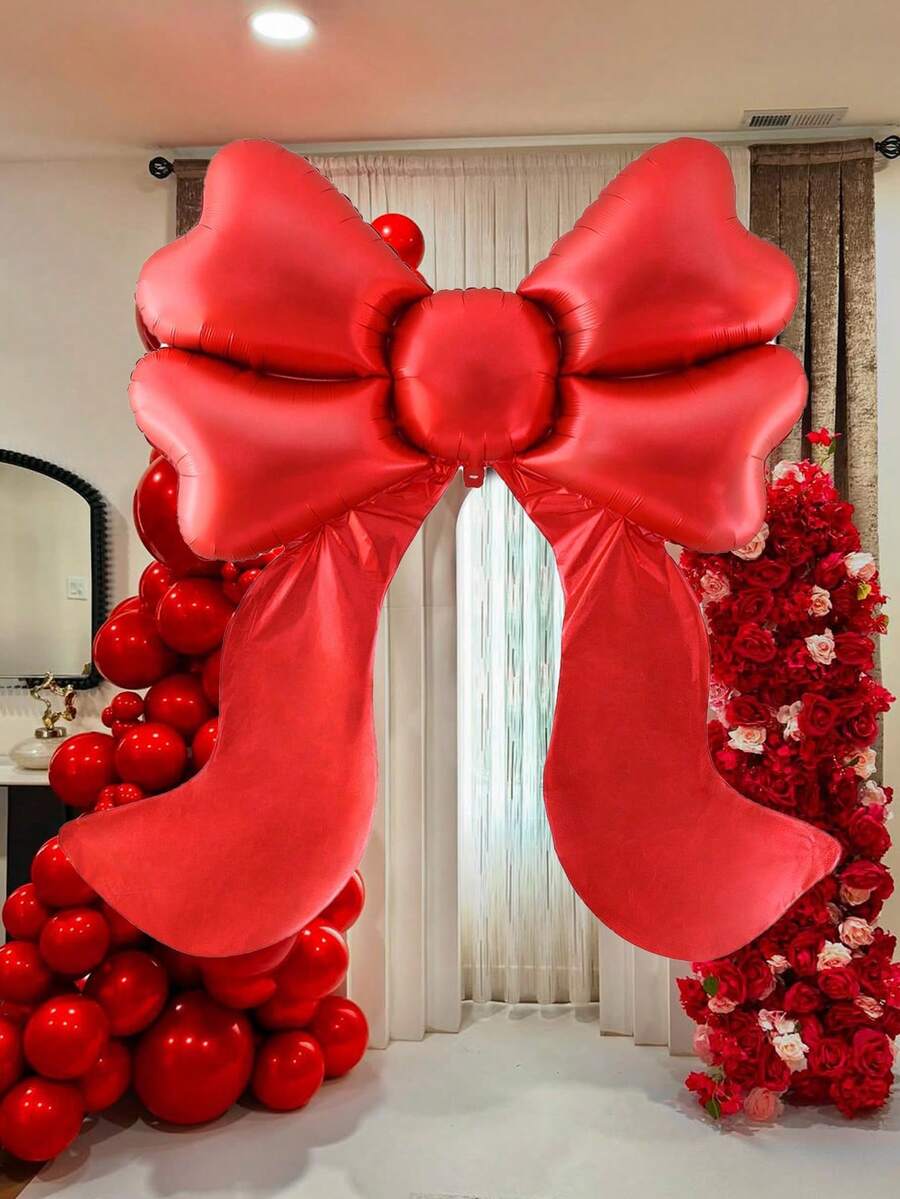 1pc Extra Large Matte Red Bow Shaped Foil Balloon, For Bow Decor, Birthday, Valentine's Day, Home Birthday Party, Wedding, Photo Shoot Decor, Princess Birthday Party, Bridal Shower, Bachelorette Party, Outdoor Influencer Shoot, Anniversary, Mother's Day, Tea Party, Giant Bow Backdrop Decor - Multicolor - View 1