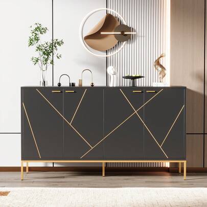 Credenza con quattro ante, piedini in metallo, mobile porta TV, guardaroba, design lineare con decoro in metallo, nero e oro, H 80 / L 150 / P 40 cm