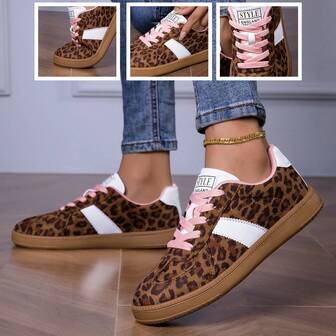 女士休闲运动鞋，适合日常穿着，四季皆宜，鞋底柔软，平底，耐用，减震，防滑，豹纹，2025年新款，舒适