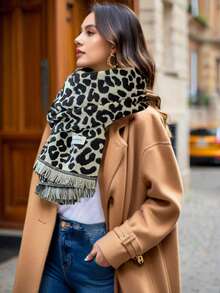 1 件女士休闲黑白/卡其色豹纹动物图案流苏保暖围巾，适合约会、日常穿着、购物、聚会、度假 - 彩色 - 查看 11