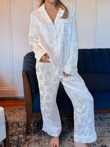 Women's Satin Floral Jacquard Pajama Set - Button-Down Top  Wide Leg Pants  Luxury Elegant Loungewear - trắng - Xem 1