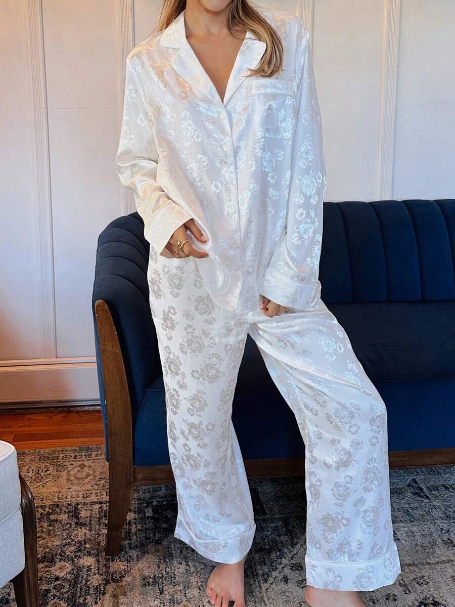 Women's Satin Floral Jacquard Pajama Set - Button-Down Top Wide Leg Pants Luxury Elegant Loungewear - trắng - Xem 1