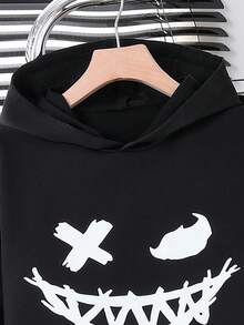 2pcs/Set Boys Smiling Face Print Casual Sports Hoodie Sweatshirt And Elastic Waist Jogger Pants Set, Autumn/Winter - Black - View 3