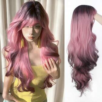 Peluca sintética ondulada de 28 pulgadas de largo con flequillo, en degradado de rosa, rubio y negro, para uso diario, de fiesta y cosplay para mujeres