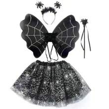 4 Stücke Halloween Kostüm Zubehör Set: Teufel Fledermaus Haarband, Spinnen Haarband, Zauberstab, Flügel, Tüll Tüllrock mit Futter, geeignet für Halloween, Tag der Toten, Karnevals Party
