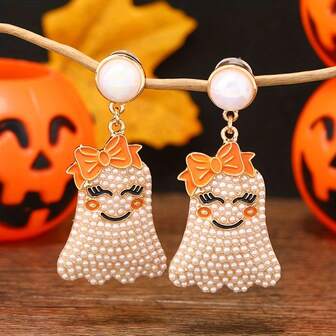 Boucles d'oreilles mignonnes de diable de bande dessinée, boucles d'oreilles à perles amusantes, boucles d'oreilles à perles créatives exagérées de fantôme européen et américain, style sombre d'Halloween, boucles d'oreilles jolies et adorables avec nœud papillon