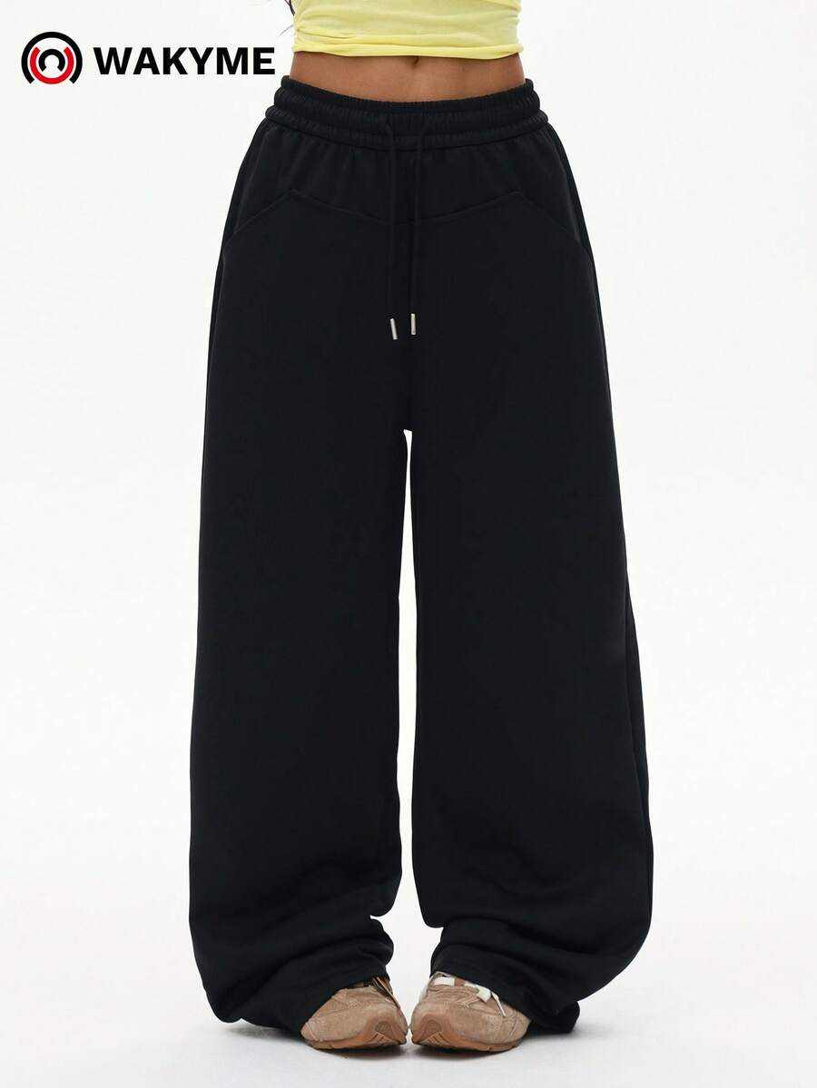 WAKYME 休闲抽绳腰侧口袋阔腿运动裤紧身裤 - 黑色 - 查看 1
