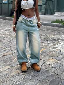 Jeans de pierna ancha de cintura media y baja lavados de estilo retro para mujeres en verano, estilo americano, corte holgado, estilizador, versátil, pantalones colgantes de papá de talla pequeña - Azul - Ver 4