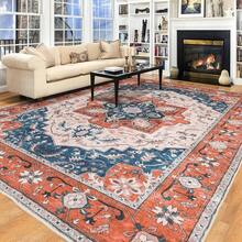Washable Area Rug 5x7 - Soft Faux-Wool Area Rug Living Room Bedroom, Boho Vintage Floral Medallion Non-Slip Low Pile, Pet Friendly, Blue White - 橘藍 - 查看 6