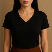Kit Of 4 Basic V-Neck Short Sleeve Ribbed Blouses - Black, Beige, Brown, Military Green - View 3
