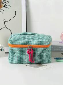 柔软格纹撞色拉链化妆包：轻便易携，多功能旅行收纳包，时尚女士配饰。大学、度假旅行必备，女士化妆品收纳旅行包。化妆包、化妆袋、化妆品收纳包、化妆盒、包、梳妆台、化妆袋、小型化妆包、化妆袋、圣诞礼物、小包、手拿包/手提包、化妆品收纳袋、小包、刷具收纳包、迷你包、大容量包、圣诞礼物、推荐女士礼物 - 彩色 - 查看 16