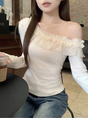 新款露肩长袖T恤，女式分层上衣，秋季服装