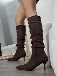 2025秋冬新款女士时尚舒适百搭纯色褶皱套脚高跟长靴，适合各种场合，猫跟靴，派对靴 - 咖啡棕 - 查看 3