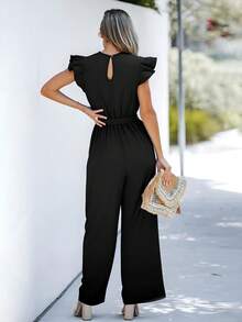 Jumpsuite De Dama Elegante Con Empalme De Encaje Y Volantes - Negro - Ver 2