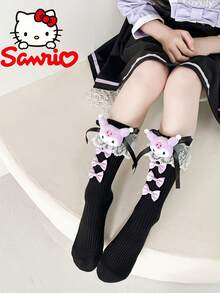 Sanrio 1 Peça Meias Longas Fofas da Sanrio com Kitty & Melody, Design de Bordado de Gato Rosa e Laço, Sola Grossa Adequada para Todas as Estações, Meias Kawaii Adequadas para Meninas, Acessório Combinando com Personagens da Sanrio, Moda e Diversão, Tecido Macio, Imperdível para Fãs de Anime