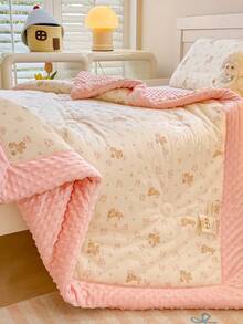 1pc Cartoon Print Knitted Fabric & Velvet Pom-Pom Comforter, Quilted Duvet, All Season Down Alternative Bedding, With Corner Ties, Warm & Soft Quilting Technique, Suitable For Bedroom, Guest Room - Pink - View 8