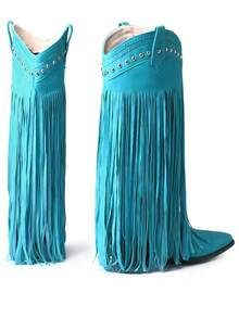 Cowgirl Womens Fringe Boots Fashionable Pointed Toe Chunky Heel Rivets Boots Punk Rivets Block Heel Boots Comfortable Western Tassel Cowboy Boots For Dress Party - 藍色 - 查看 5