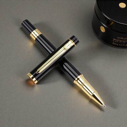 1 Caneta esferográfica preta de alta qualidade - Design elegante com clipe dourado/Perfeita para reuniões de negócios e uso diário por estudantes/Escritório confiável/Papelaria escolar/Recarga substituível