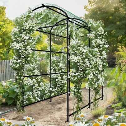 UNHO Outdoor Garden Arch Heavy-Duty Green Cucumber Garden Trellis Grow Support For Climbing Plant  Path Walkway Archway Arbor Tunnel