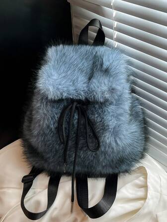 新款秋冬大容量蝴蝶结装饰毛绒背包，时尚休闲通勤包女士