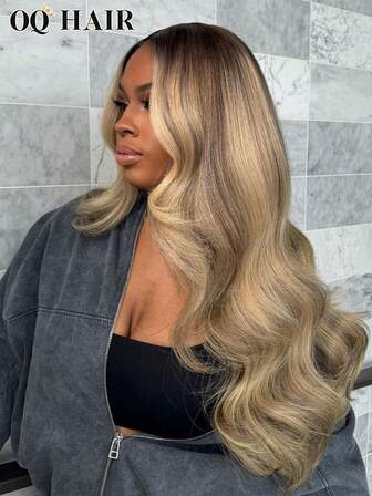 OQ Hair Wear And Go Lace Front Wig, Virgin Hair, Ombre Gray Blonde To Brown Roots, Natural Wave, 6"X4" Pre-Trimmed Transparent Lace, 180% Density, 22-28 Inches, Pre-Plucked Hairline, Unprocessed High-Quality Human Hair, Suitable For Everyday Wear, Artistic Elegance And Vibrant Look, Casual Daily, Sports & Vacation, Free Shipping, Essential For Halloween Travel, Y2K , Stylish And Fashionable, Perfect For Holiday Getaways.