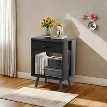 Con cajones de almacenamiento de tela y estantes abiertos de madera, mesa auxiliar de dormitorio con función de almacenamiento, mesita de noche de dormitorio con cajones - Negro - Ver 10