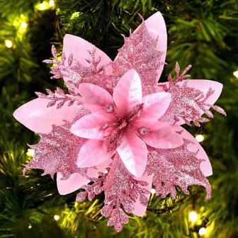 1/10/15/20/30 件闪亮一品红圣诞树饰品 - 人造一品红花朵，适用于节日花环装饰、圣诞节和新年装饰