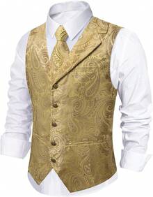 2025 Best Mens Victorian Vest Tie Set Silk Paisley Suit Vests Formal Waistcoat Gothic Steampunk Vest With Notched Lapels - 粉色 - 查看 9