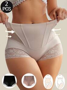 2 件高腰紧身塑身内裤，适合女性，产后腹部塑形，蕾丝细节，透气尼龙混纺，手洗，腰部塑形内衣 - 彩色 - 查看 14