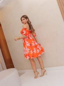 Short Lastex Dress/Short Sleeve/Off-Shoulder/Floral/Print/36-42/Women - 110-lARANJA - View 2