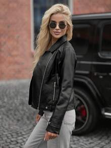 Women's Solid Color Zip-Up Leather Jacket, Fashionable Versatile Motorcycle Style Top, Spring/Autumn - Black - View 3