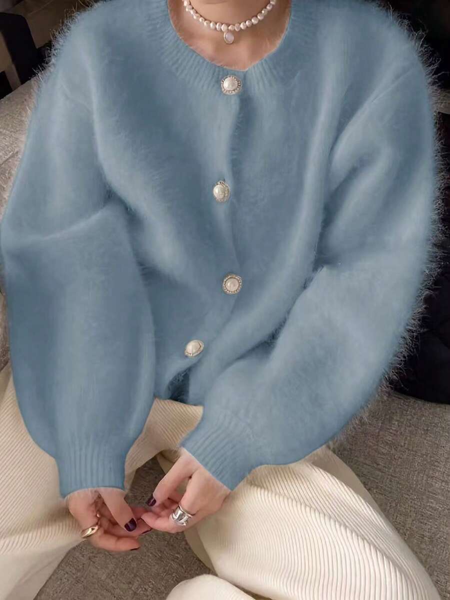 全新秋冬宽松优雅纽扣开衫 - 淺藍色 - 查看 1