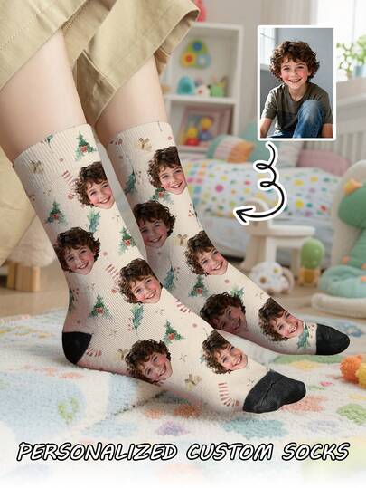 1 par de calcetines de tubo medio con diseño navideño personalizado con impresión frontal para niños, calcetines de pareja, foto personalizada a juego, calcetines de pareja divertidos, cómodos y transpirables, diseño de dibujos animados creativos, regalo perfecto para vacaciones, cumpleaños, Día de San Valentín, divertido, loco, anime, calcetines multicolor