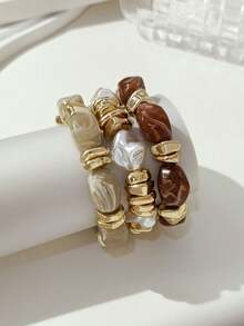 Set 3 buc. stil boho vintage, brățări groase cu mai multe straturi de perle artificiale și mărgele acrilice, brățară cu pepită de aur, lux de înaltă calitate pentru femei, cupluri, petrecere, purtare zilnică - JF multicolor - Vizualizare 5
