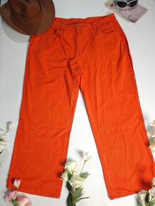 大码女式阔腿裤，适合休闲、通勤和返校穿着，秋冬季款 - 橘色 - 查看 8