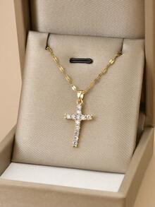 1pc Fashionable Full Rhinestone Cubic Zirconia Cross Stainless Steel Necklace For Women, Gold Jewelry, Women's Jewelry, Women's Gold Necklace, Stainless Steel Jewelry, Gold Accessories, Cross Necklace, Jesus, Easter, Gold Chain
