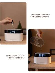 150ml Colorful Flame Humidifier With Smart Clock LED Display, USB Essential Oil Aroma Diffuser With Auto Shut-Off & Timer & Remote Control, Time Display Alarm Clock Setting Air Humidifier Diffuser,Aroma Diffuser For Home,Bedroom