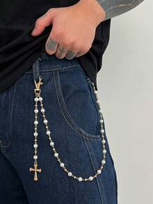 1pc Fashionable Punk Simple Cross Pants Chain, Men's Charm Faux Pearl Body Chain For Pants Decor, Suitable For Everyday Wear And Parties - 金色 - 查看 1