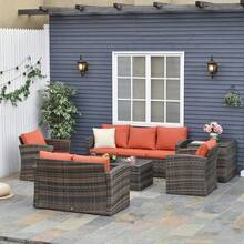 Outsunny 6 Pieces Rattan Garden Furniture Set, 7 Seater Wicker Outdoor Furniture Set With Storage Tea Table & Side Table, Sectional Garden Sofa Set With Cushions, Orange - Orange - View 1